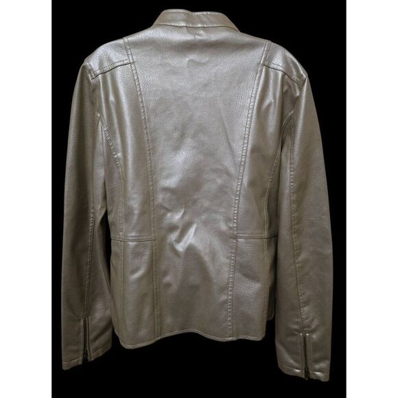 Gold Faux Leather Moto Jacket  Zipper Pockets Snap Collar mob wife 80's retro - Picture 2 of 10